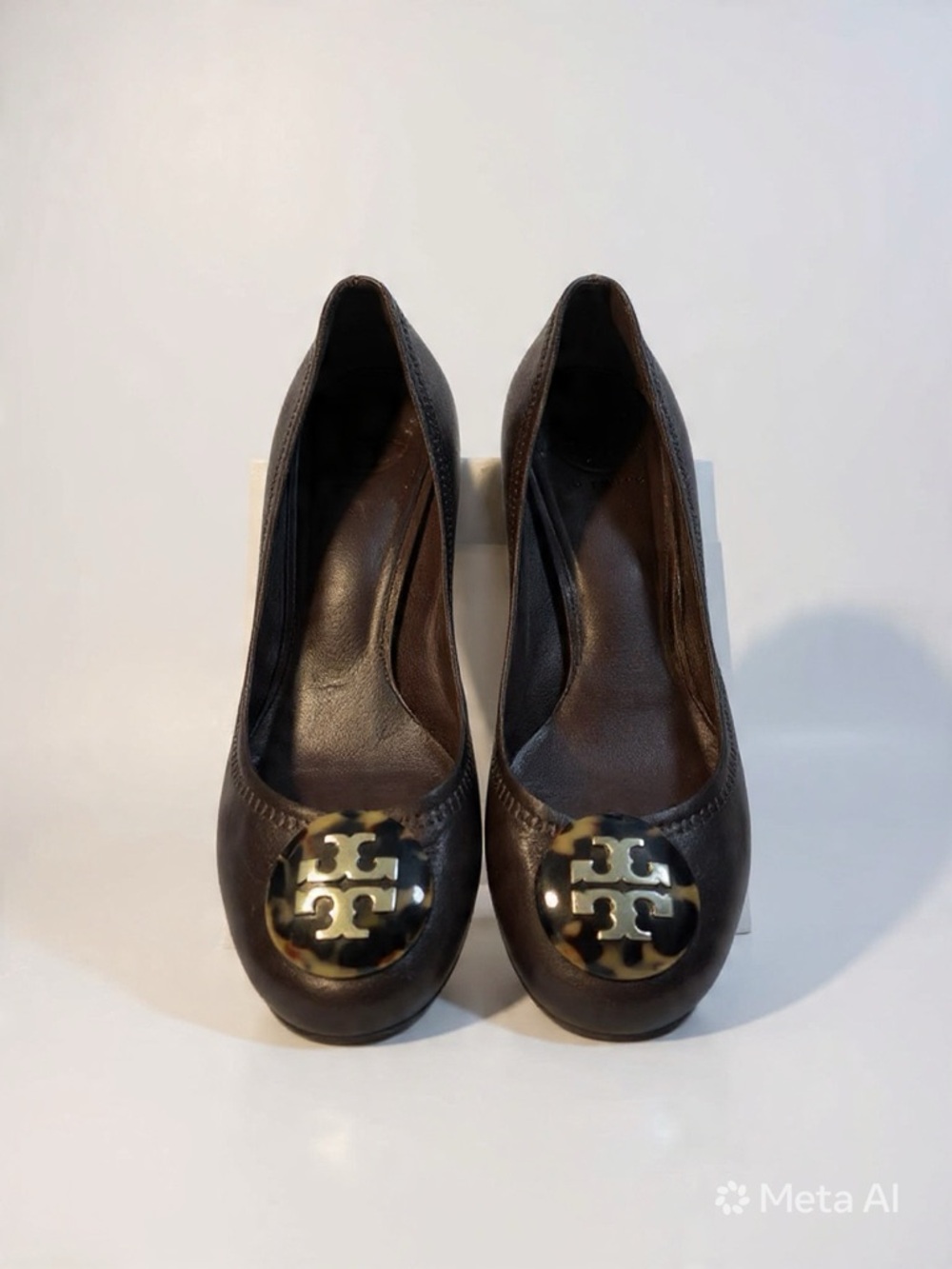 Tory Burch Dark Brown Leather Logo Ballet Flats with Tortoiseshell Emblem